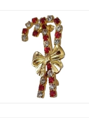 Candy Cane Rhinestone Double Brooch/Bow Red & White Gold Tone 2 " Vintage